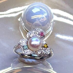 RPF18 Genuine 0.15CT Rainbow Tourmaline Pearl 3-Petal FLOWER Ring 18K   S925
